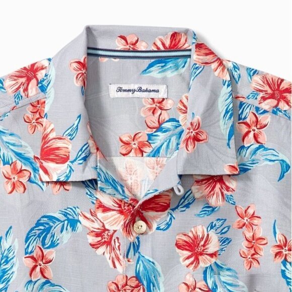 Tommy Bahama Mens XL Cape Hibiscus Dark Gravel Silk Hawaiian Camp Shirt NWT - Picture 2 of 7